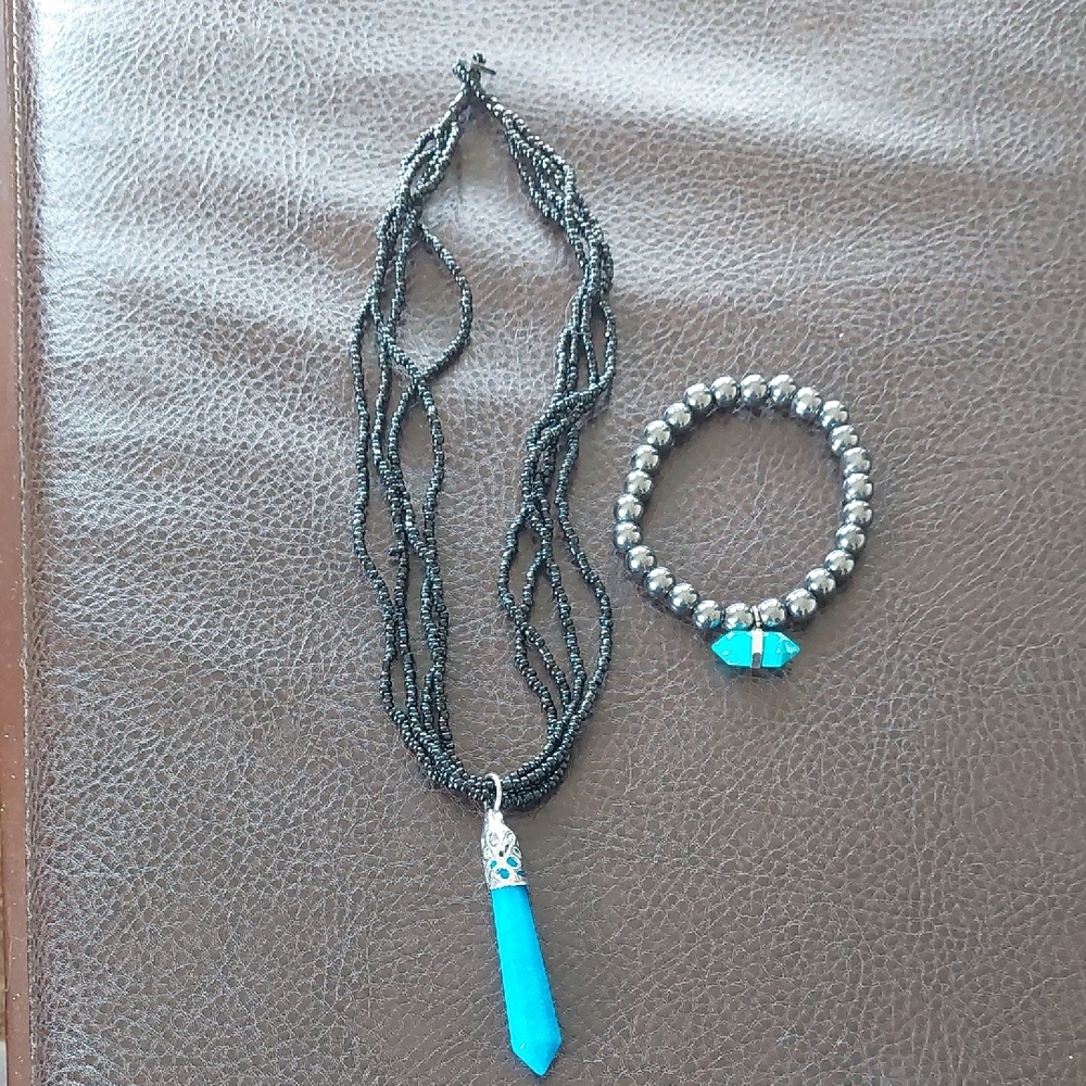 Turqoise Crystal With Black Beads Necklace With A Hemitite Bracelet .